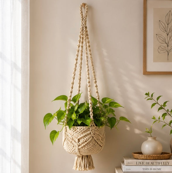 Handmade macrame planter cotton cord detail view