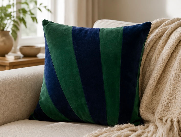 Green stripe velvet cushion cover tonal pile cotton