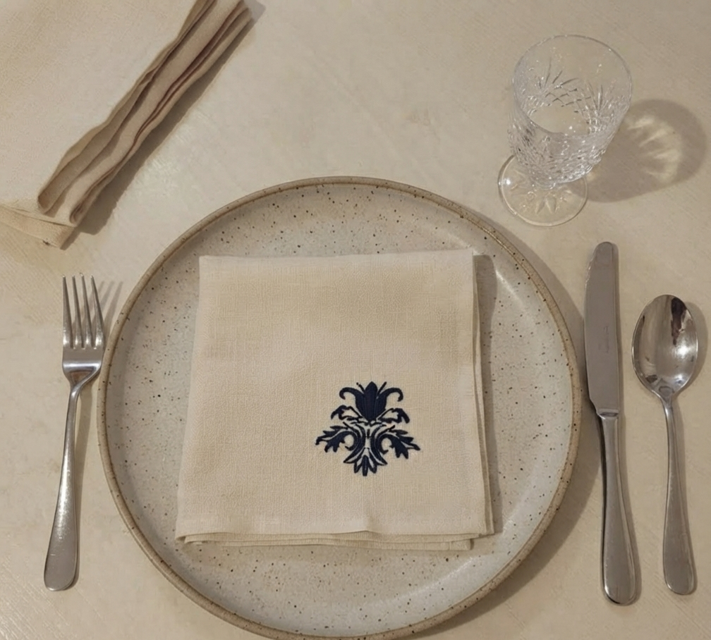 Classic Embroidered Linen Napkin Set of 6 – Ivory & Navy