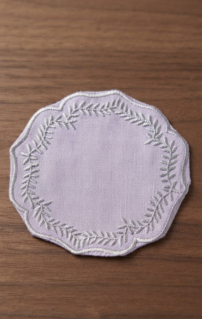 Embroidered Leaf Border Scalloped Grey Coaster Set of 6