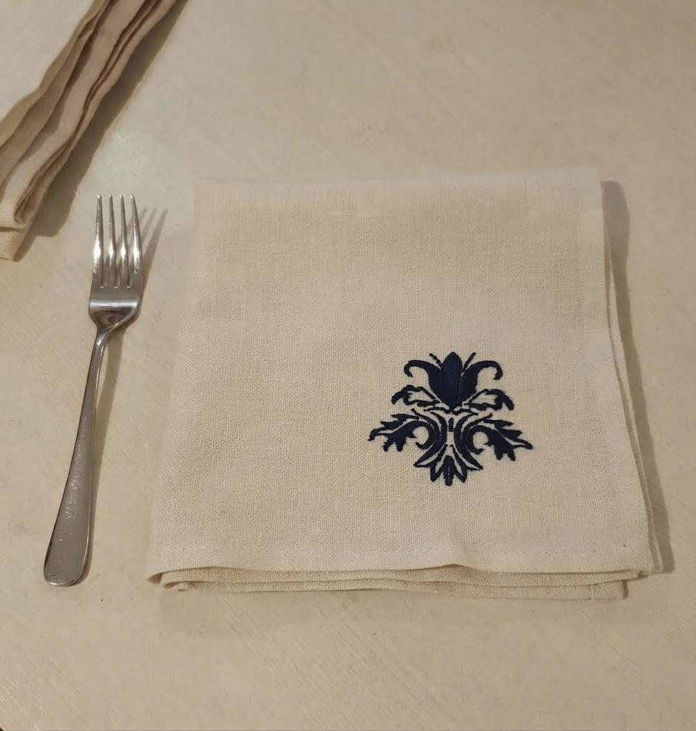 Classic Embroidered Linen Napkin Set of 6 – Ivory & Navy
