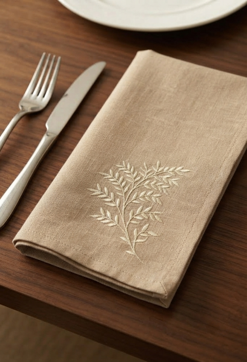 Botanical Branch Embroidered Linen Napkin Set of 6 – Natural Beige