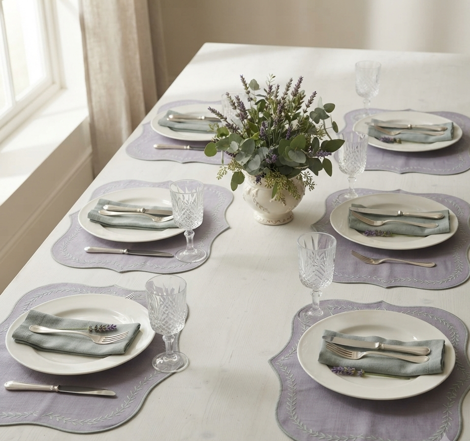 Grey Scalloped Leaf Embroidered Placemat