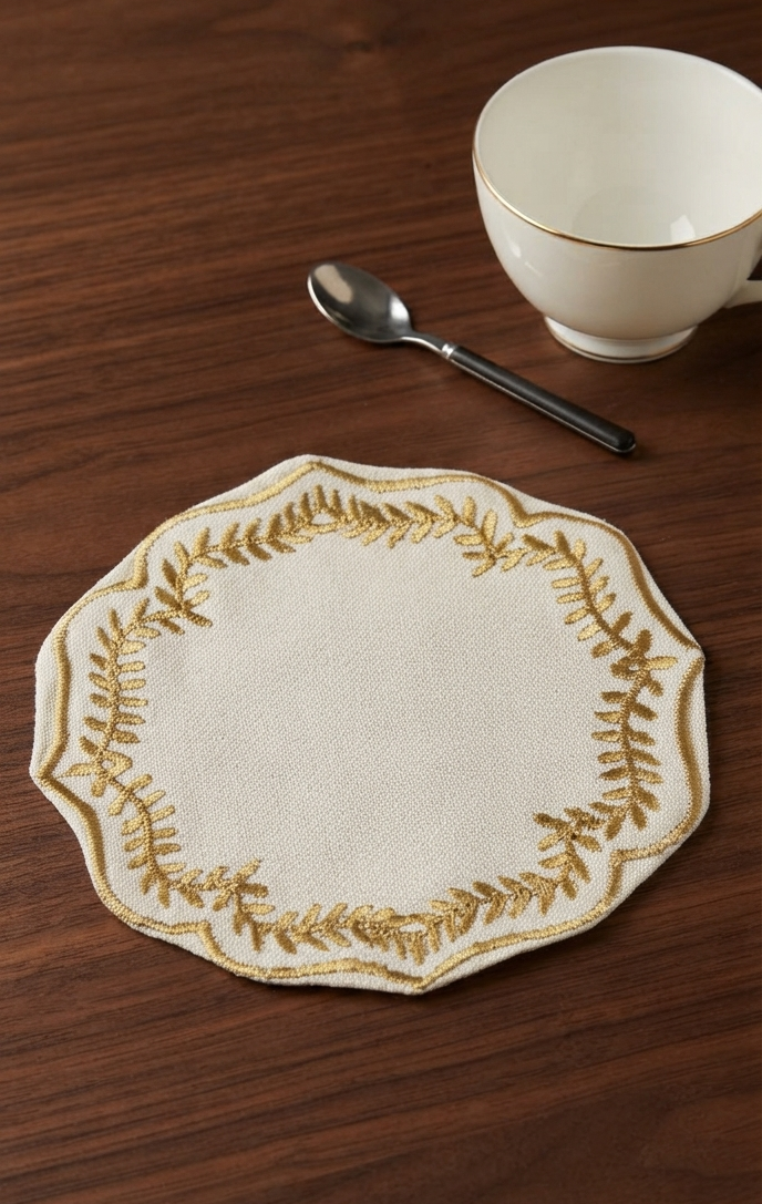 Embroidered Leaf Border Scalloped Beige Coaster Set of 6