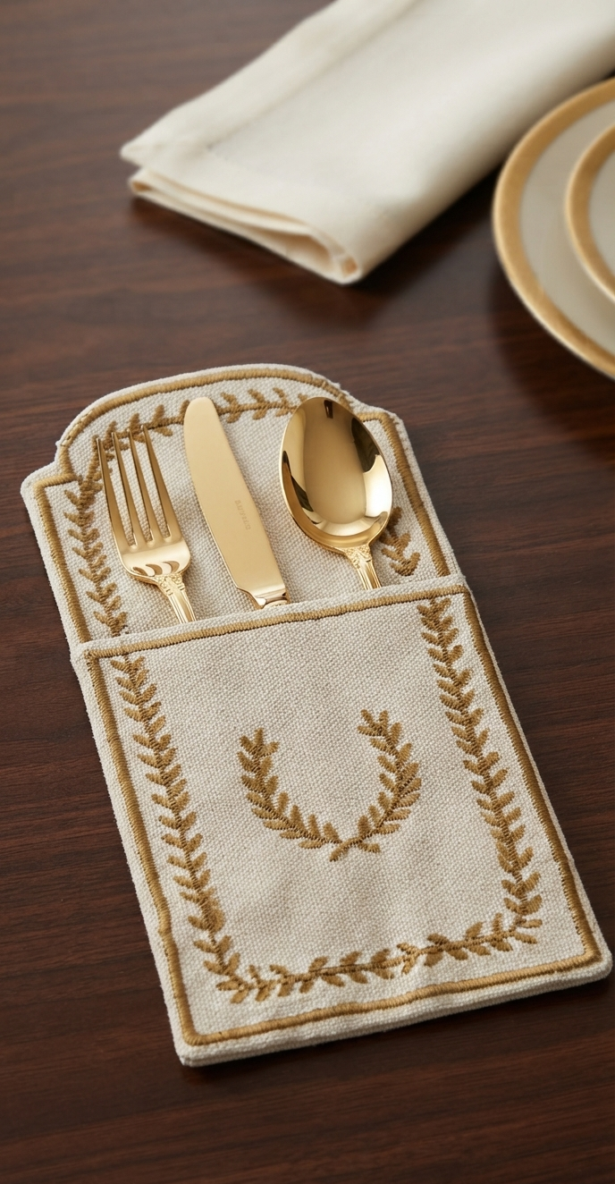 Beige Embroidered Cutlery Pocket Set of 6