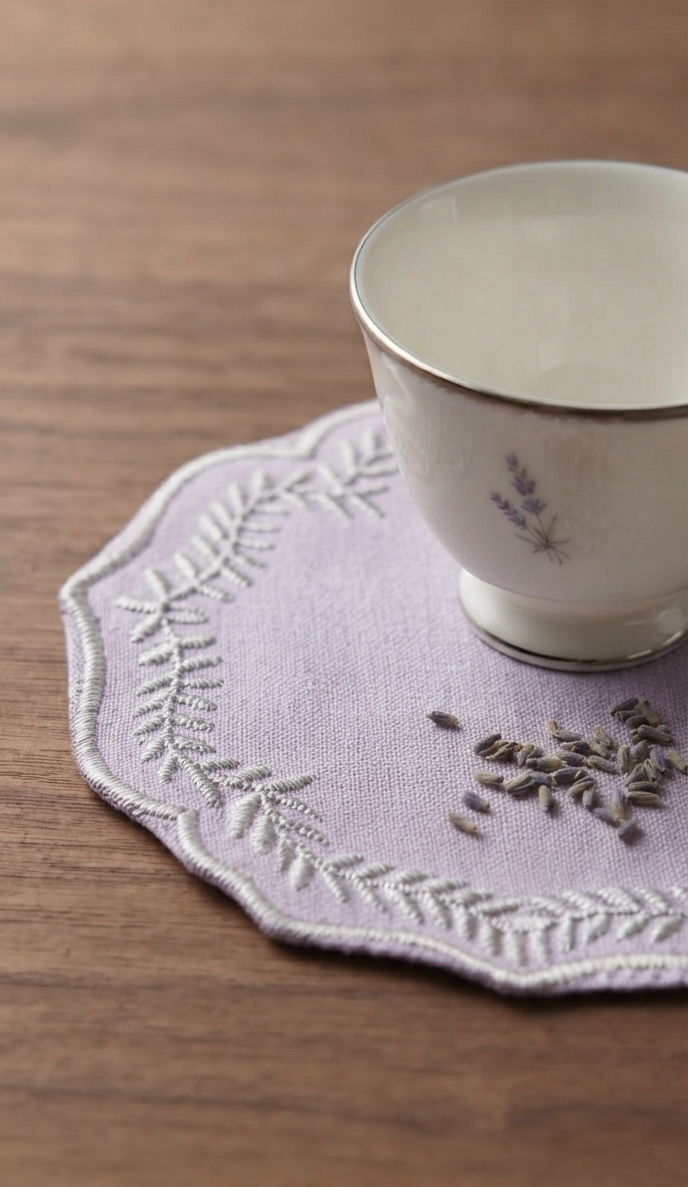 Embroidered Leaf Border Scalloped Grey Coaster Set of 6