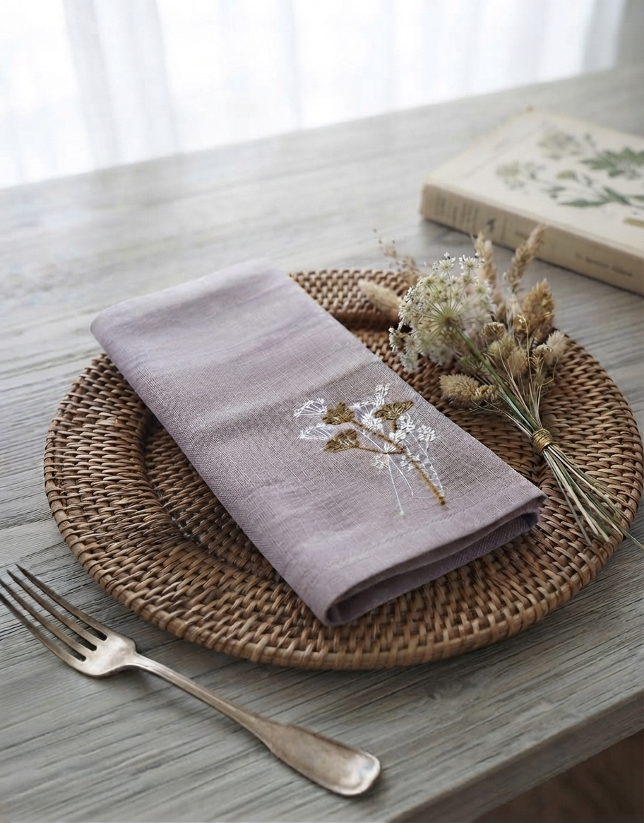 Wildflower Embroidered Linen Napkin Set of 6 – Grey