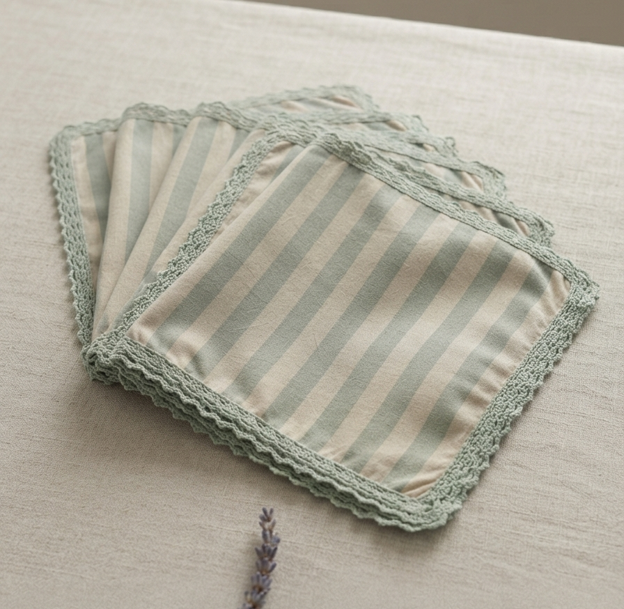 Sage Stripe Lace Napkin Set – Set of 6