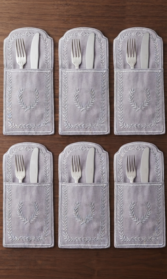 Grey Embroidered Cutlery Pocket Set of 6