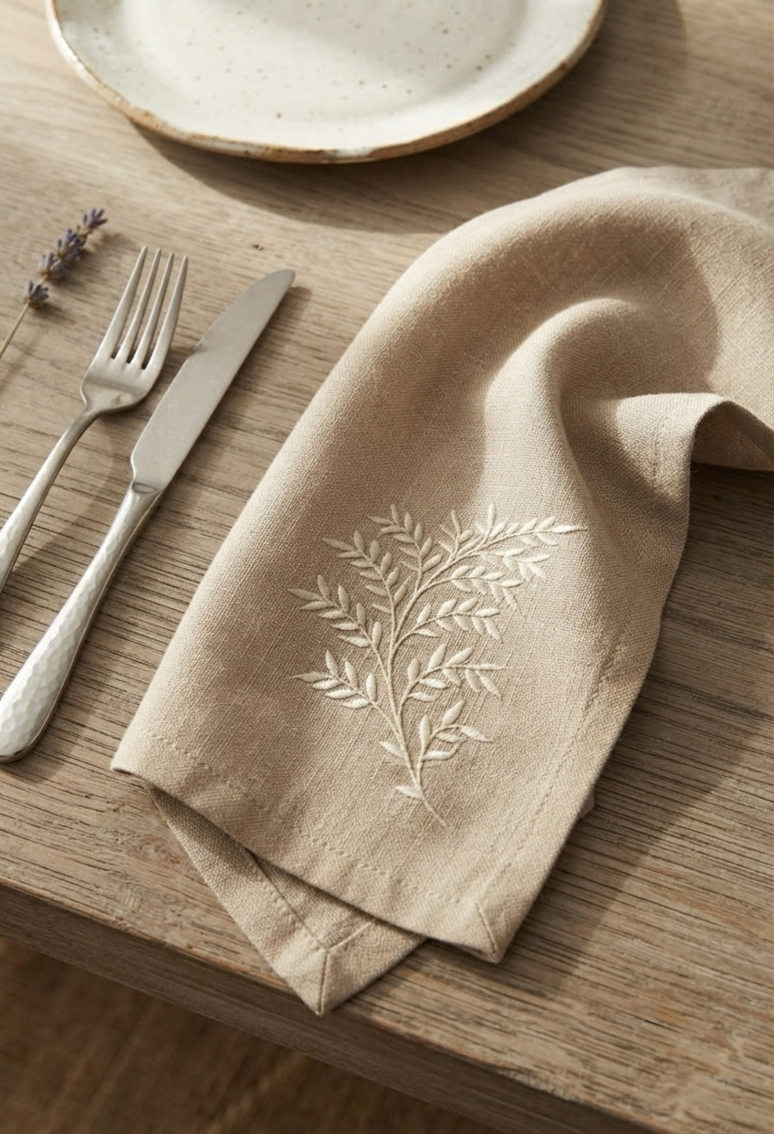 Botanical Branch Embroidered Linen Napkin Set of 6 – Natural Beige