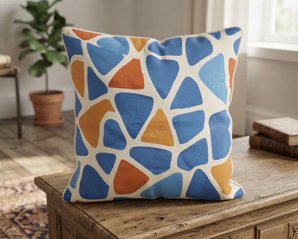 Blue & Terracotta Abstract Mosaic Cushion Cover