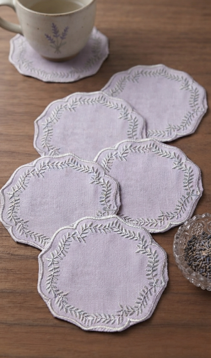 Embroidered Leaf Border Scalloped Grey Coaster Set of 6