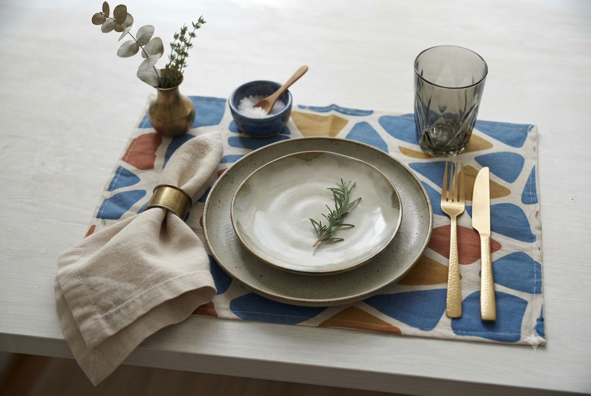 Blue & Terracotta Geometric Cotton Placemat
