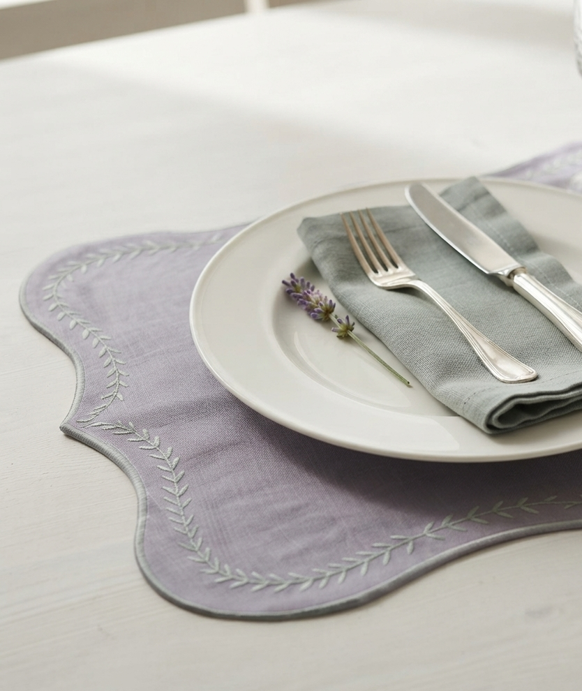 Grey Scalloped Leaf Embroidered Placemat