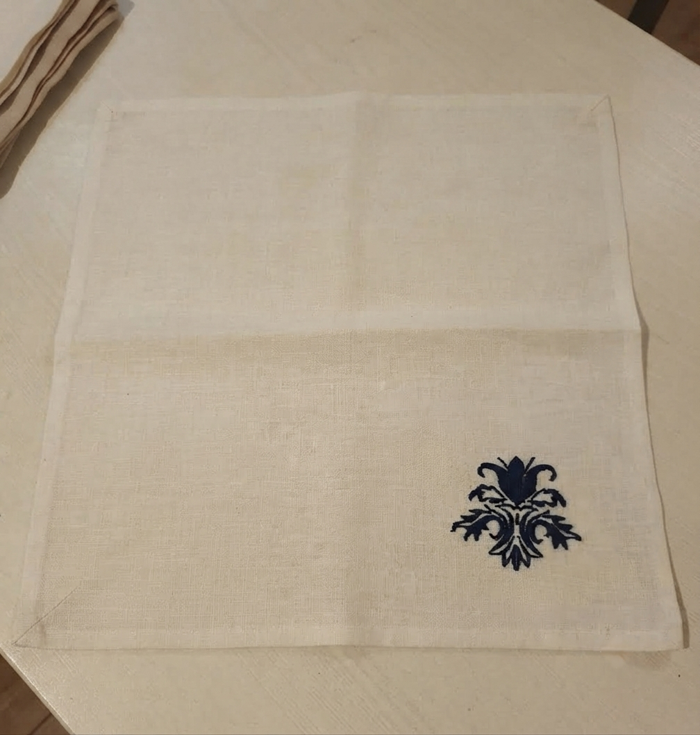 Classic Embroidered Linen Napkin Set of 6 – Ivory & Navy