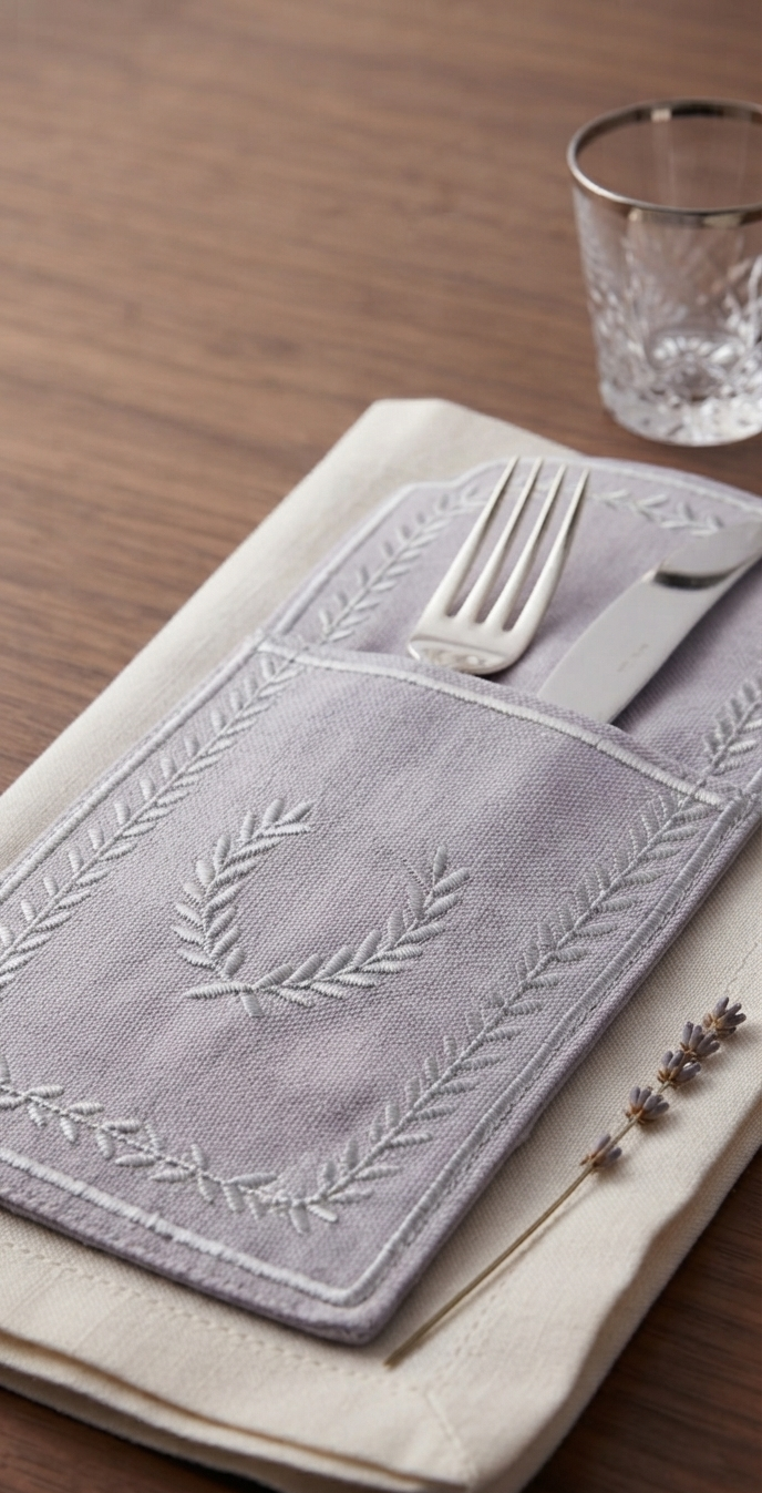 Grey Embroidered Cutlery Pocket Set of 6