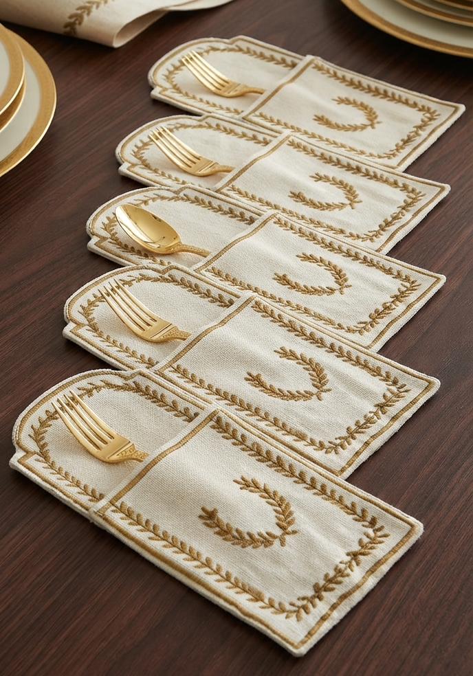 Beige Embroidered Cutlery Pocket Set of 6