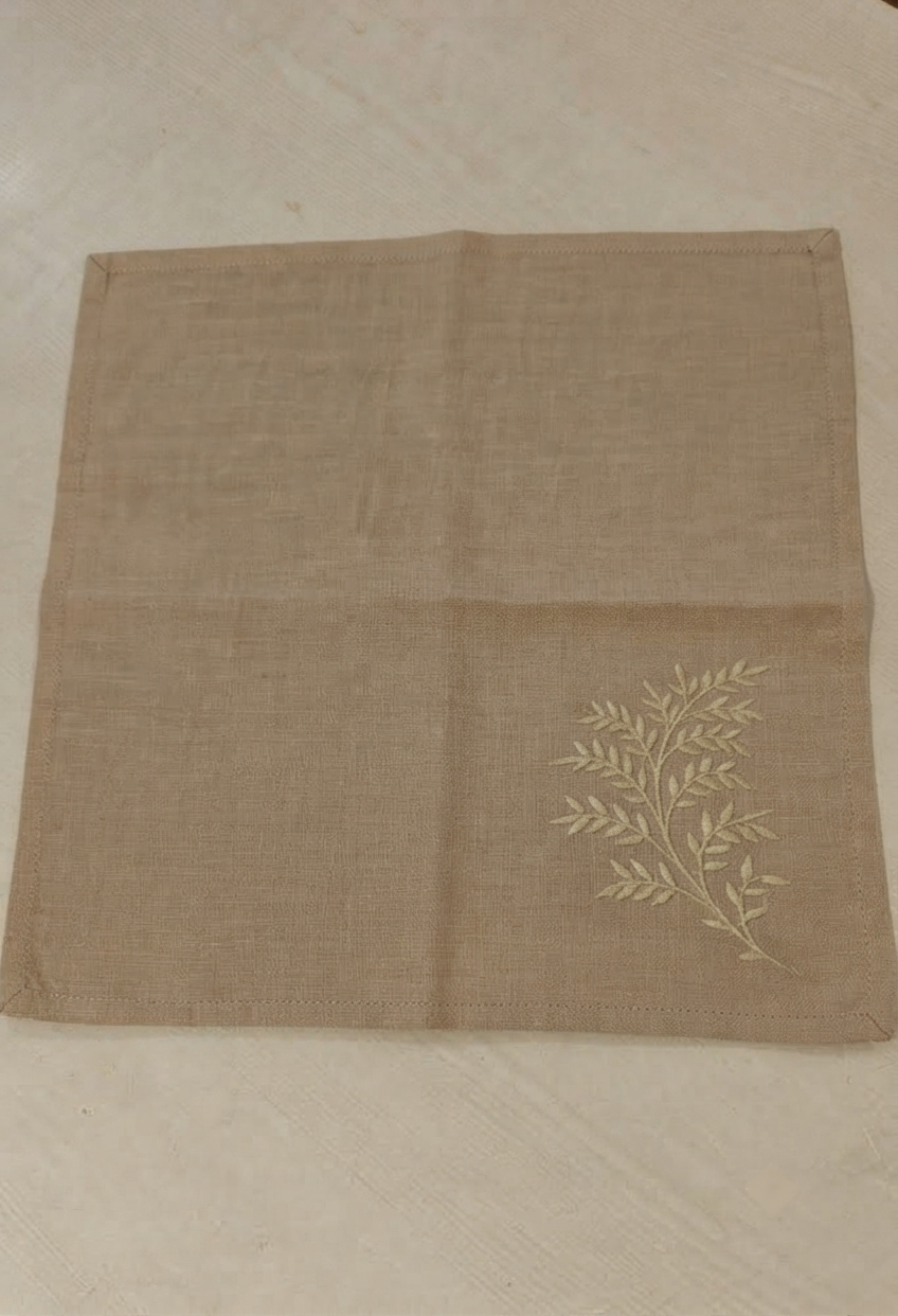 Botanical Branch Embroidered Linen Napkin Set of 6 – Natural Beige