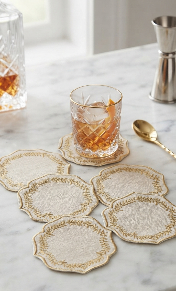 Embroidered Leaf Border Scalloped Beige Coaster Set of 6