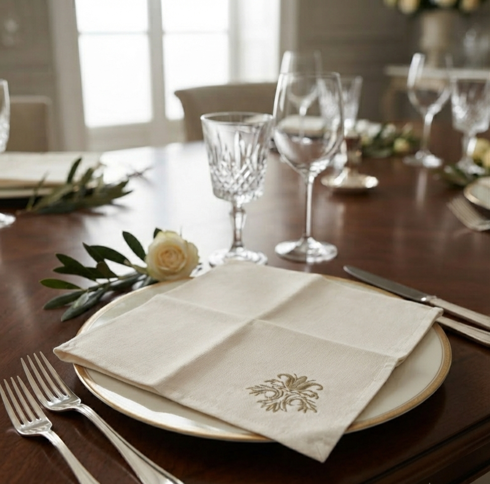 Classic Embroidered Cotton Napkin Set of 6– Ivory & Taupe