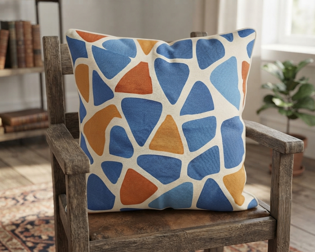 Blue & Terracotta Abstract Mosaic Cushion Cover