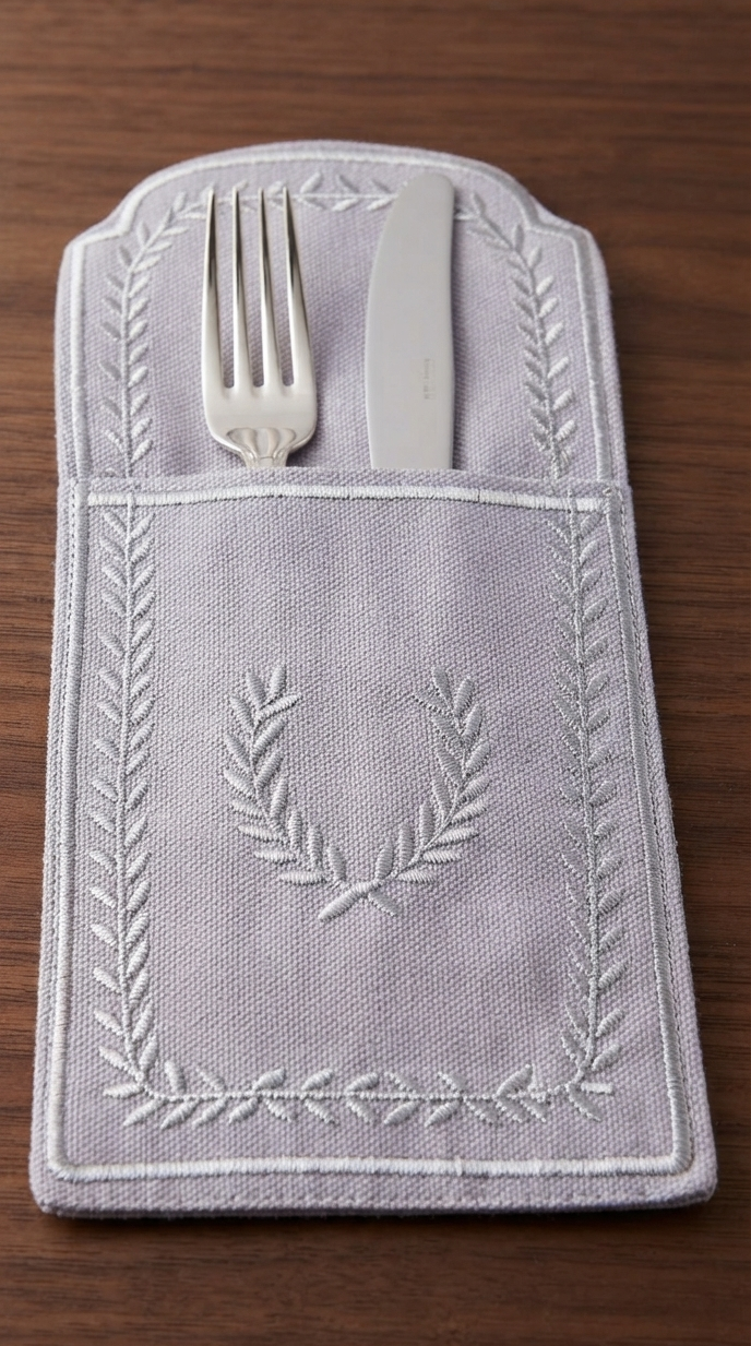 Grey Embroidered Cutlery Pocket Set of 6