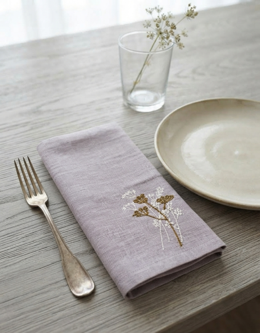 Wildflower Embroidered Linen Napkin Set of 6 – Grey