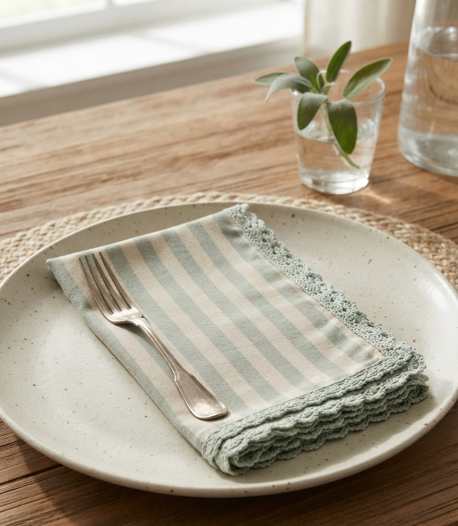 Sage Stripe Lace Napkin Set – Set of 6
